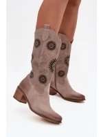 Zamszowe Skórzane Kozaki Damskie Z Ażurowym Wzorem Zazoo 3852 Cappuccino