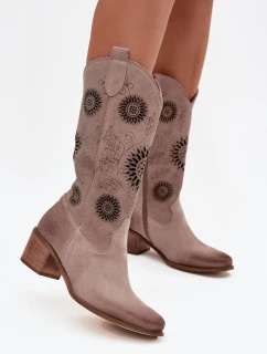 Semišové kožené dámské kozačky s vzorem  Cappuccino model 21713265 - Zazoo