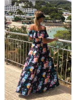 Dlhé dámske čierne šaty s farebnými kvetmi a španielskym výstrihom model 7118058