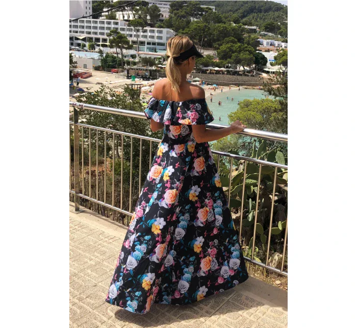 Dlhé dámske čierne šaty s farebnými kvetmi a španielskym výstrihom model 7118058