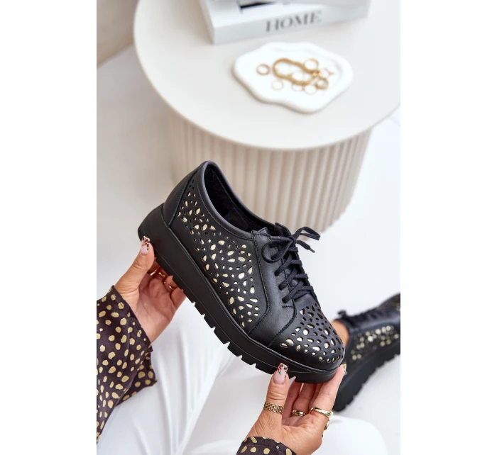 Zazoo 2973 Skórzane Półbuty Na Platformie Z Ażurowym Wzorem Czarne