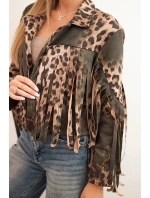 Dámská semišová bunda s leopardím vzorem a třásněmi khaki