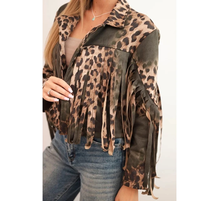 Dámská semišová bunda s leopardím vzorem a třásněmi khaki