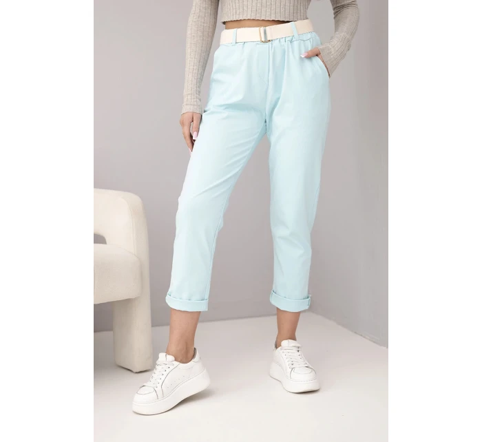 Dámske bavlnené nohavice s opaskom a ohrnutou nohavicou mätou