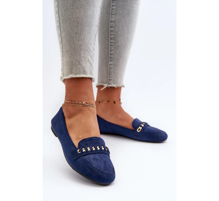 Błyszczące Mokasyny Damskie Z Łańcuchem Granatowe Aredilla