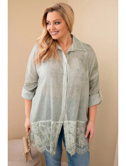 Dámská košile Plus Size bavlněná s krajkovým zakončením khaki