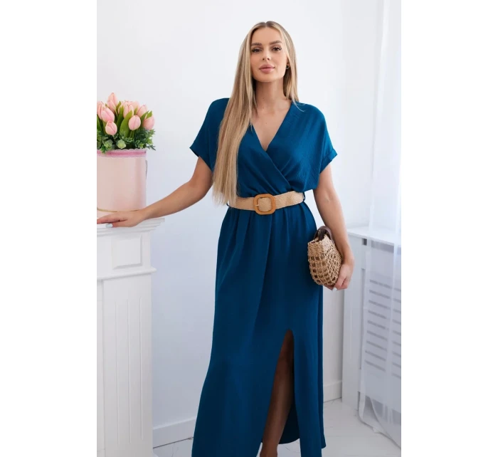 Dlouhé šaty s ozdobným páskem námořní