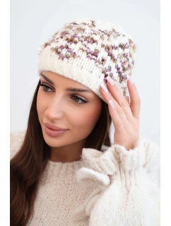 Dámska zimná čiapka s farebnými vzormi a hrubým úpletom K353 ecru+purple