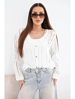 Dámsky bavlnený a čipkovaný sveter s výstrihom do V biely