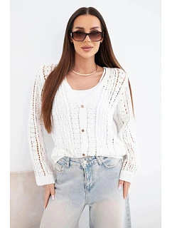 Dámsky bavlnený a čipkovaný sveter s výstrihom do V biely