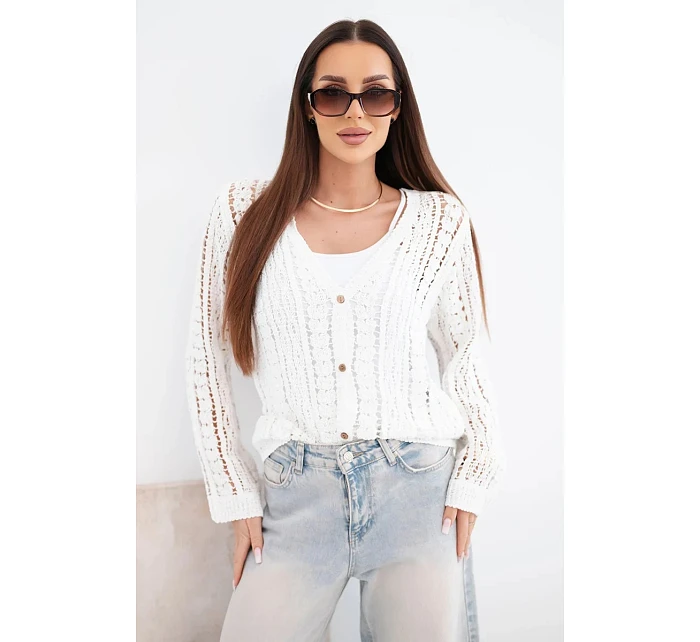 Dámsky bavlnený a čipkovaný sveter s výstrihom do V biely