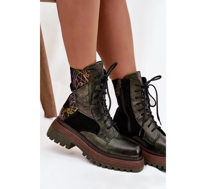 Skórzane Botki  Damskie Na Platformie Maciejka 07104-09 Ciemnozielone