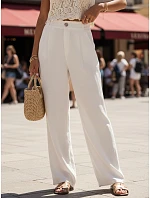 Dámske letné široké biele plátenné nohavice FashionStreet UY3080 Dámske letné široké biele plátenné nohavice FashionStreet UY3080