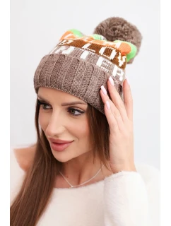 Dámska zimná čiapka s vlnou a nápisom s veľkou bambulou K422 cappuccino