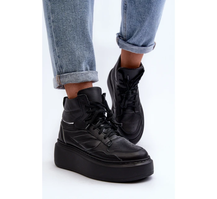 Zazoo 3392/X Damskie Skórzane Buty Sportowe Na Platformie Czarne