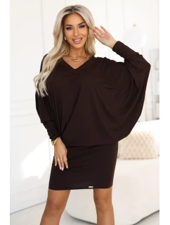 402-9 Pohodlné šaty s dlhými rukávmi - čokoládové