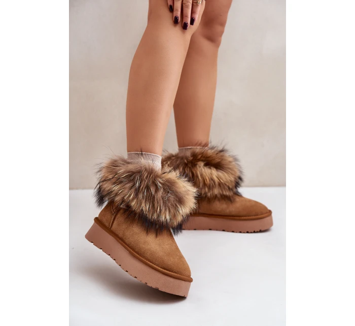 Skórzane Śniegowce Na Platformie Z Futerkiem Camel Avirisa