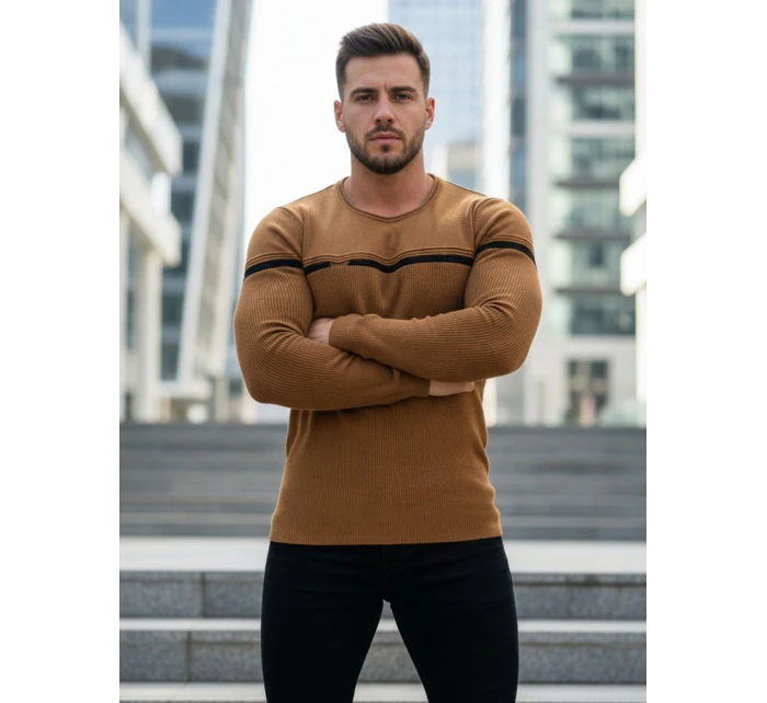 Pánsky sveter ťavej farby cez hlavu FashionStreet WX1625