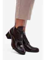 Skórzane Lakierowane Botki Na Klocku Z Ozdobnym Detalem Ocieplane Zazoo 60560 Bordowe