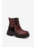 Kožené zateplené kotníkové boty na platformě a plochém podpatku model 21725100 hnědé - Maciejka