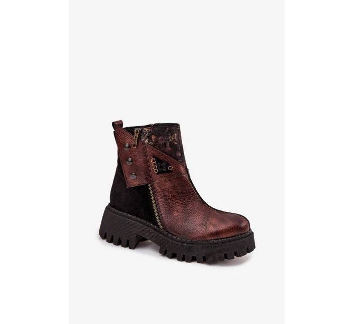Kožené zateplené kotníkové boty na platformě a plochém podpatku model 21725100 hnědé - Maciejka