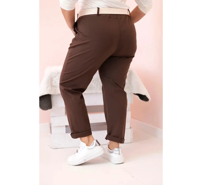 Dámske Plus veľkosť bavlnené nohavice s opaskom Brown Dámske Plus veľkosť bavlnené nohavice s opaskom Brown