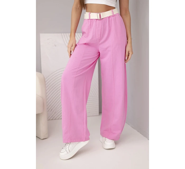 Dámské bavlněné kalhoty se širokou nohavicí a páskem cukrově růžová