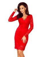 Červené dámske krajkové šaty s výstrihom a dlhými rukávmi model 7156520
