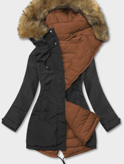 Obojstranná čierno-karamelová dámska zimná bunda (2M-21508)