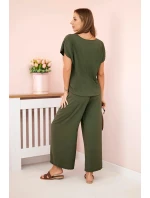 Viskózový komplet plisovaná halenka + kalhoty khaki