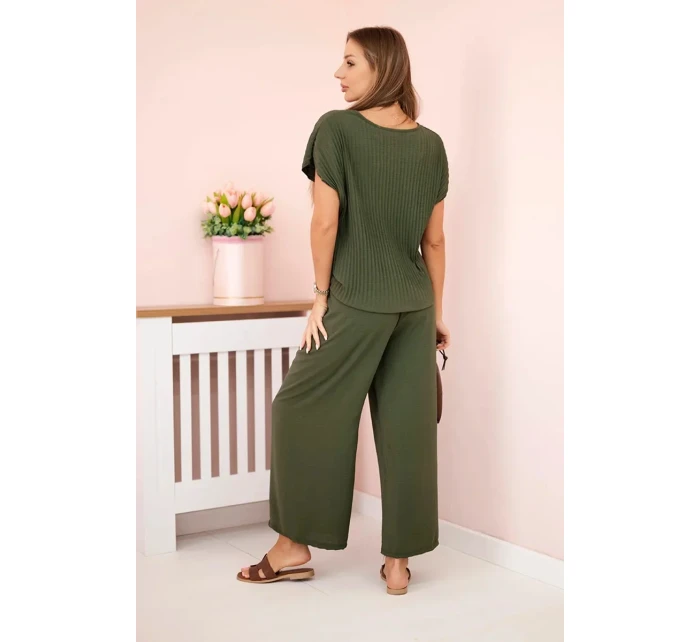 Viskózový komplet plisovaná halenka + kalhoty khaki