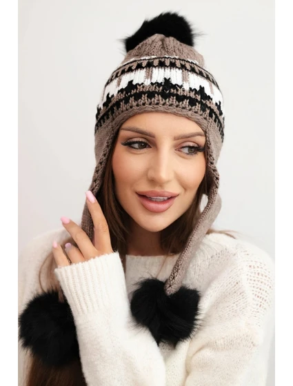 Dámska zimná vlnená čiapka s uškami a bambuľkami K436 mocca Dámska zimná vlnená čiapka s uškami a bambuľkami K436 mocca