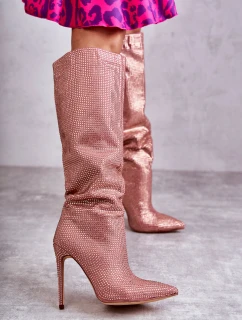 Módní kozačky na vysokém podpatku s kubickými zirkony model 21596914 - Boto