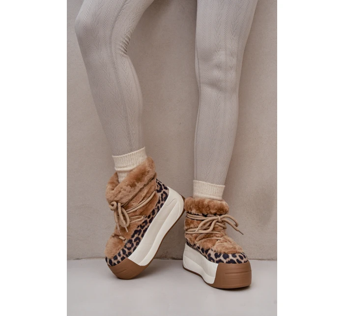 Skórzane Śniegowce Damskie Na Grubej Podeszwie Z Futerkiem Panterka Big Star OO274A208 Brązowe Skórzane Śniegowce Damskie Na Grubej Podeszwie Z Futerkiem Panterka Big Star OO274A208 Brązowe