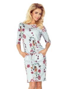Dámske šaty netopierie strih s vreckami a zaväzovacie šnúrkou kvetinové sivé - Sivá / S - Numoco