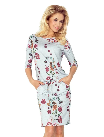 Dámské šaty netopýří střih s kapsami a květinové šedé Šedá / S model 15042941 - numoco Dámské šaty netopýří střih s kapsami a květinové šedé Šedá / S model 15042941 - numoco