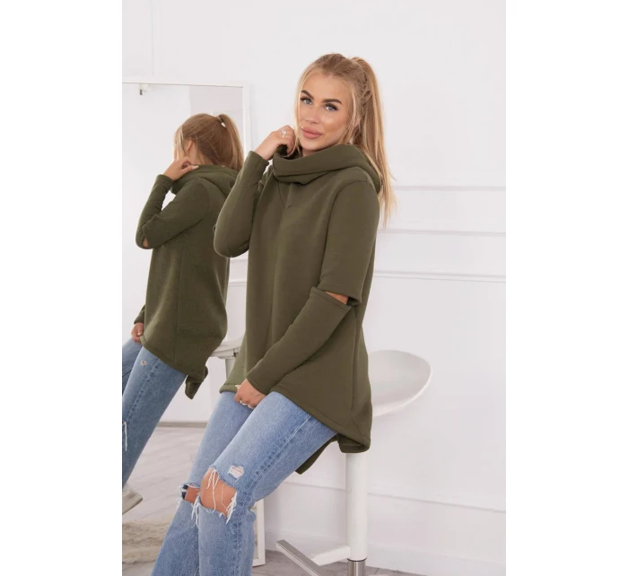 Zateplená mikina s delšími zády v barvě khaki