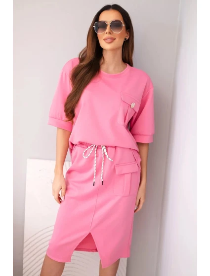 Dámský komplet máslový s halenkou a midi sukní růžový