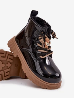 Detská zateplená lakovaná členková obuv so špendlíkom s medvedíkom - čierna Jovellea