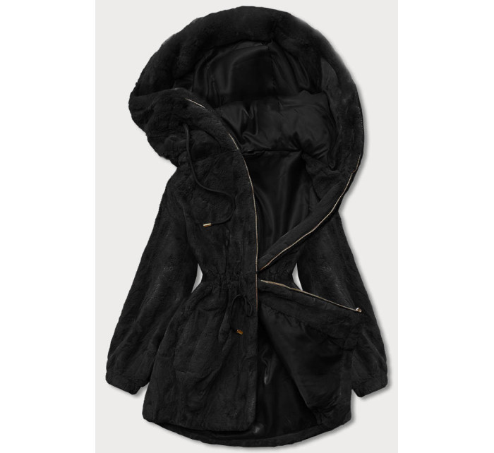Čierna kožušinová bunda s kapucňou (B8049-1)