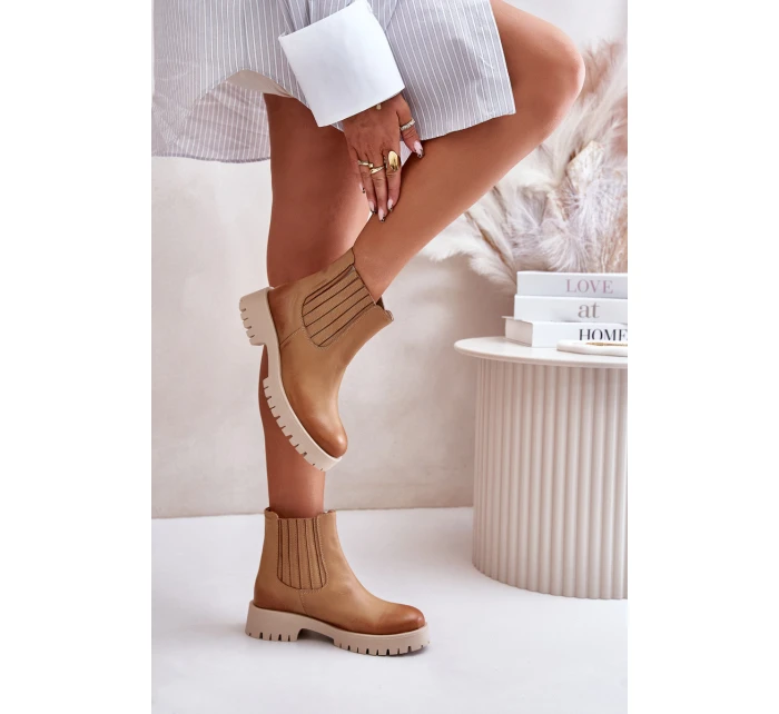 Wsuwane Botki Damskie Na Płaskim Obcasie Skórzane Lewski 3611 Brązowe