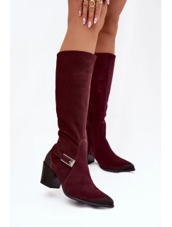 Kožené semišové kozačky na podpatku s přezkou Vyhřívané Zazoo 70156 Bordó
