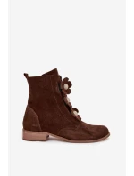 Zamszowe Botki Damskie Z Ozdobnymi Kwiatkami Zazoo 3085 Brązowe