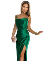 DIANE - Dlhé dámske saténové šaty vo fľaškovo zelenej farbe s rázporkom na nohe 483-1