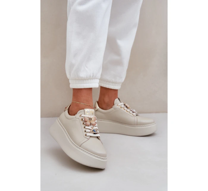 Damskie Skórzane Sneakersy Na Platformie Z Ozdobami CheBello 4292 Jasnobeżowe
