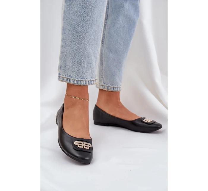 Baleriny Na Płaskiej Podeszwie Z Ozdobą Czarne Ainoria