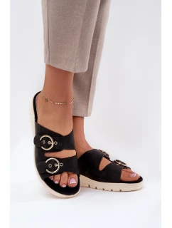 Lekkie Klapki Damskie Na Koturnie Z Klamrami Czarne Hellexia