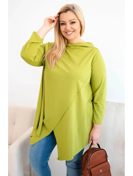 Dámská bavlněná blůza Plus Size asymetrická s ohrnutým rukávem olivová