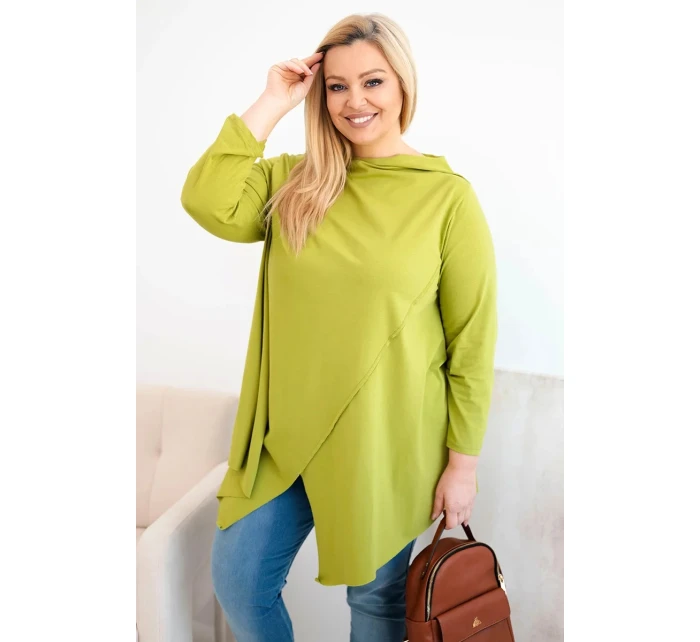 Dámská bavlněná blůza Plus Size asymetrická s ohrnutým rukávem olivová