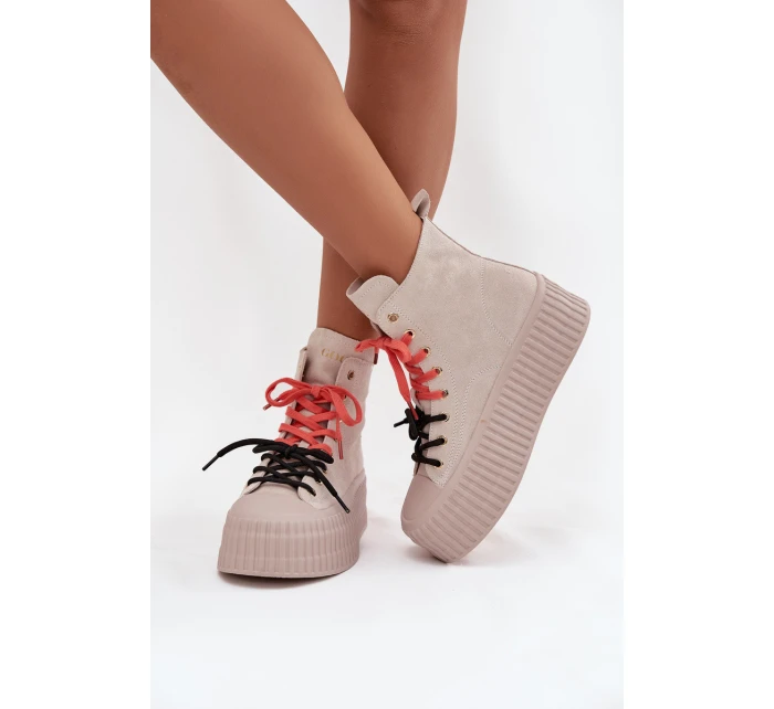 Zamszowe Ocieplane Trampki Damskie Na Masywnej Platformie GOE SS2N4047 Beżowe